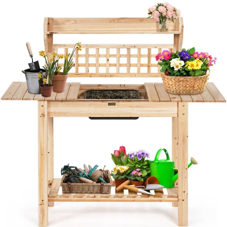 FaFurn - Outdoor Garden Potting Bench Table with Bottom Shelf and Removeable Sink in Natural, Wood