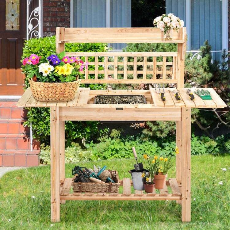 FaFurn - Outdoor Garden Potting Bench Table with Bottom Shelf and Removeable Sink in Natural, Wood