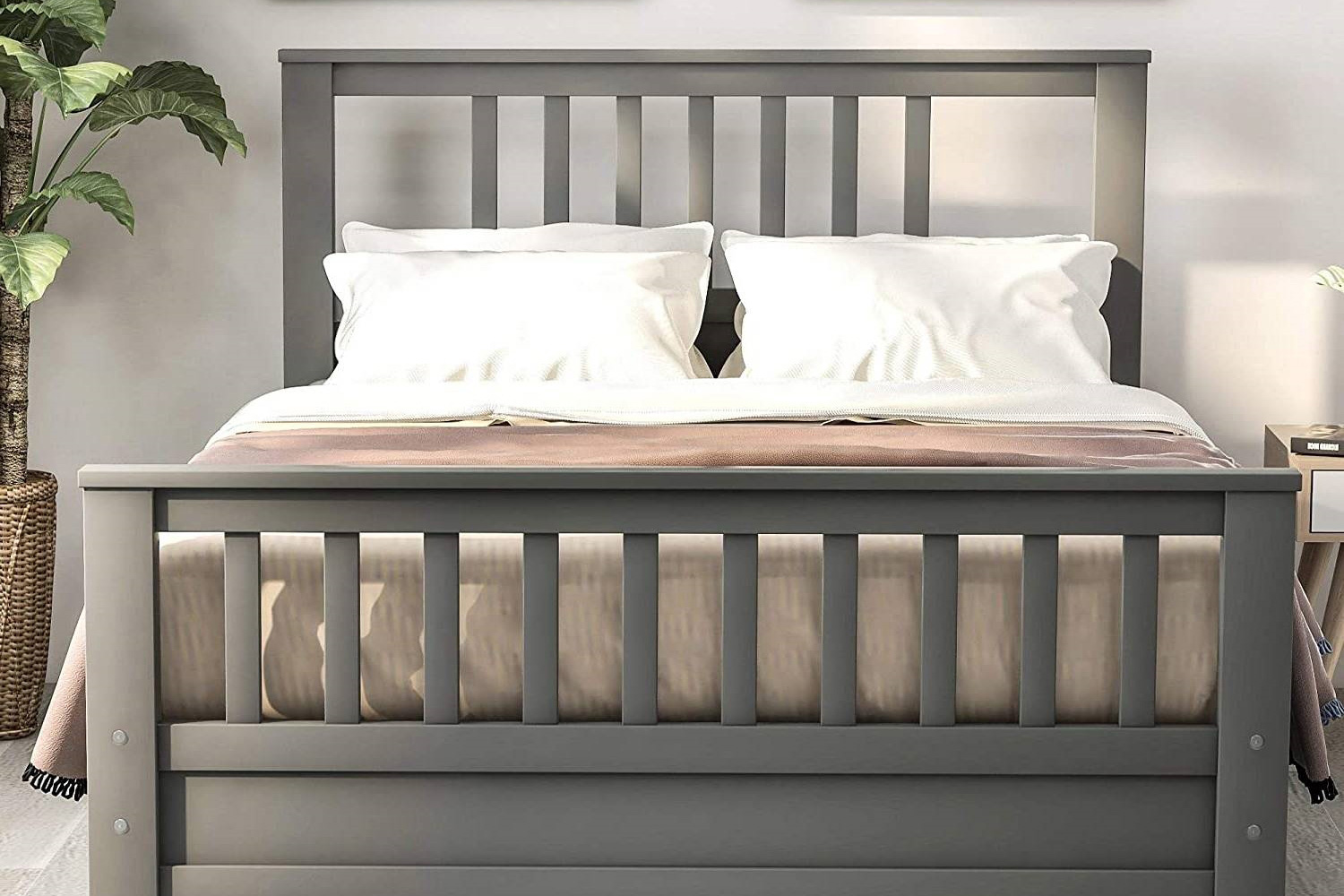 FaFurn Pine Wood Slatted Platform Headboard Footboard Full Size Bed - Gray