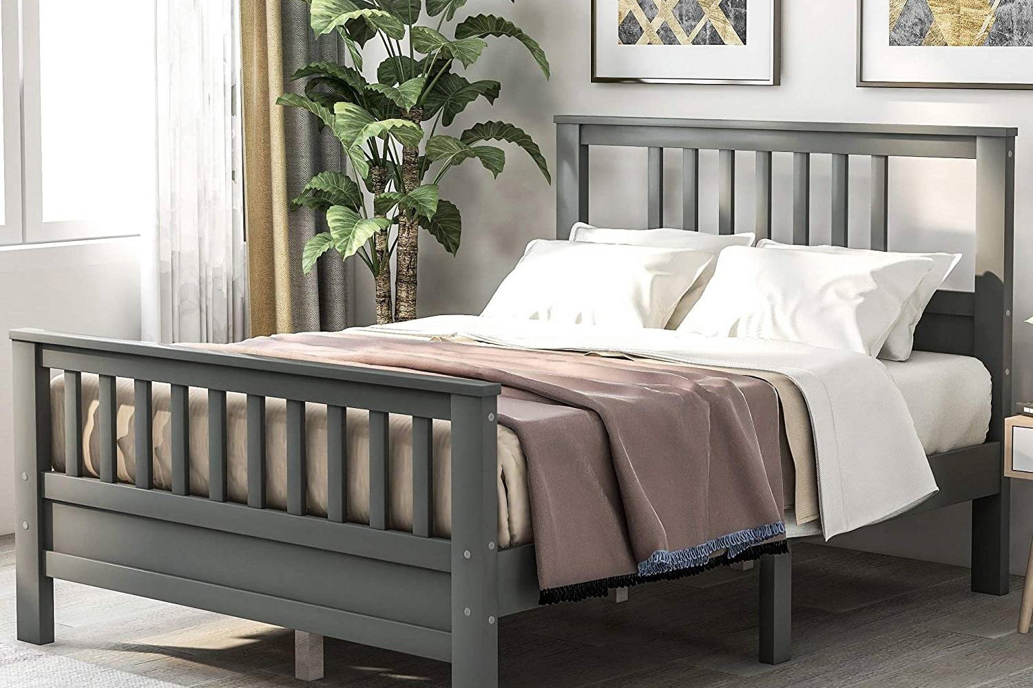 FaFurn Pine Wood Slatted Platform Headboard Footboard Full Size Bed - Gray