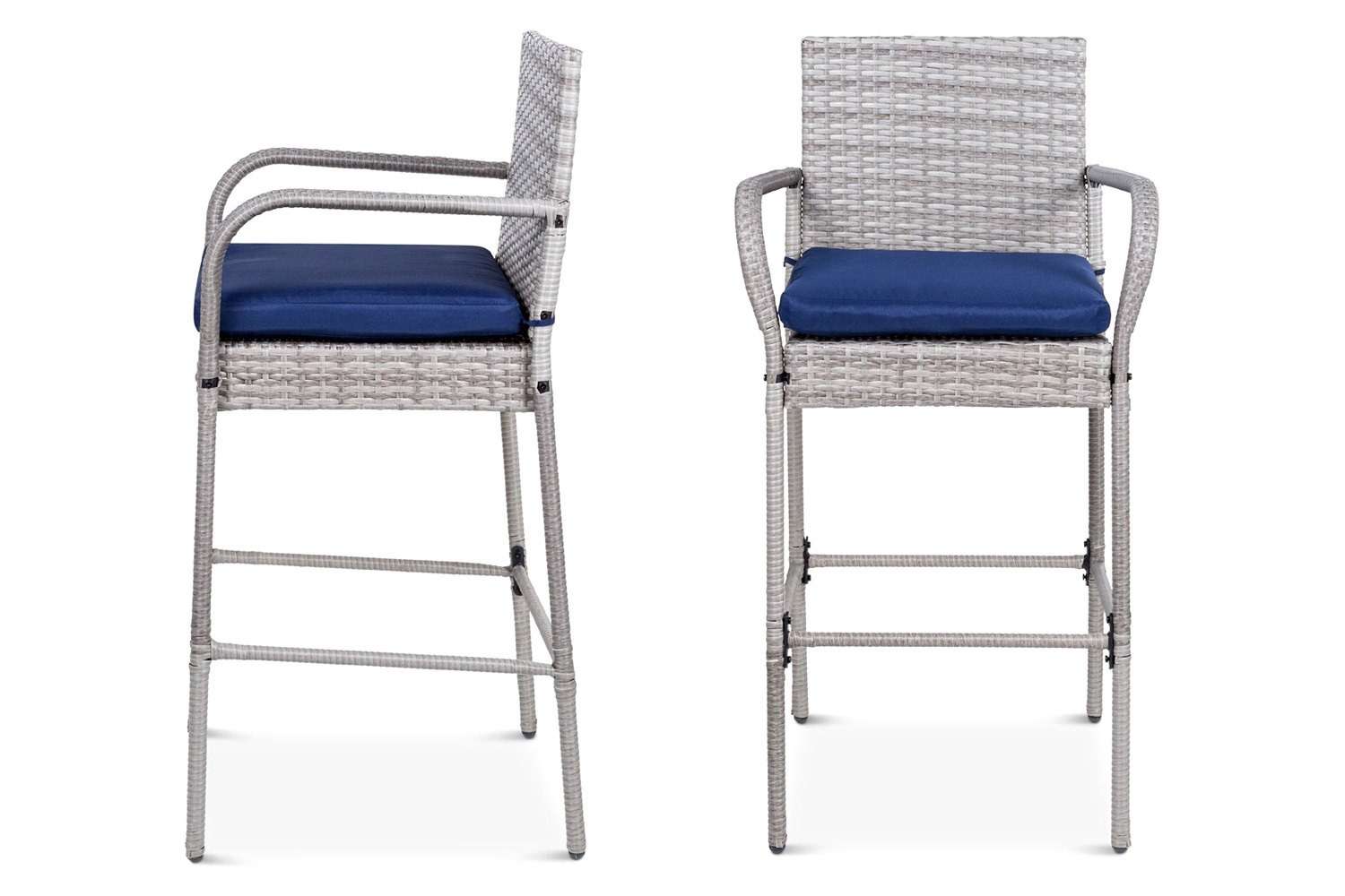 FaFurn Indoor/Outdoor Wicker Bar Stools with 2 Cushions (Set of 2) - Gray/Blue