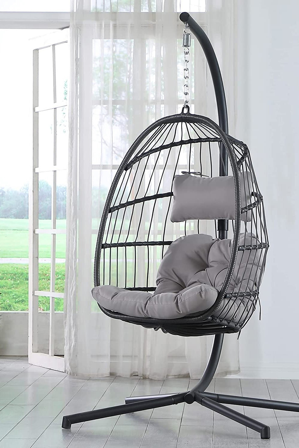 FaFurn - Gray Indoor/Outdoor Wicker Rattan Aluminum Frame Swing Egg Chair