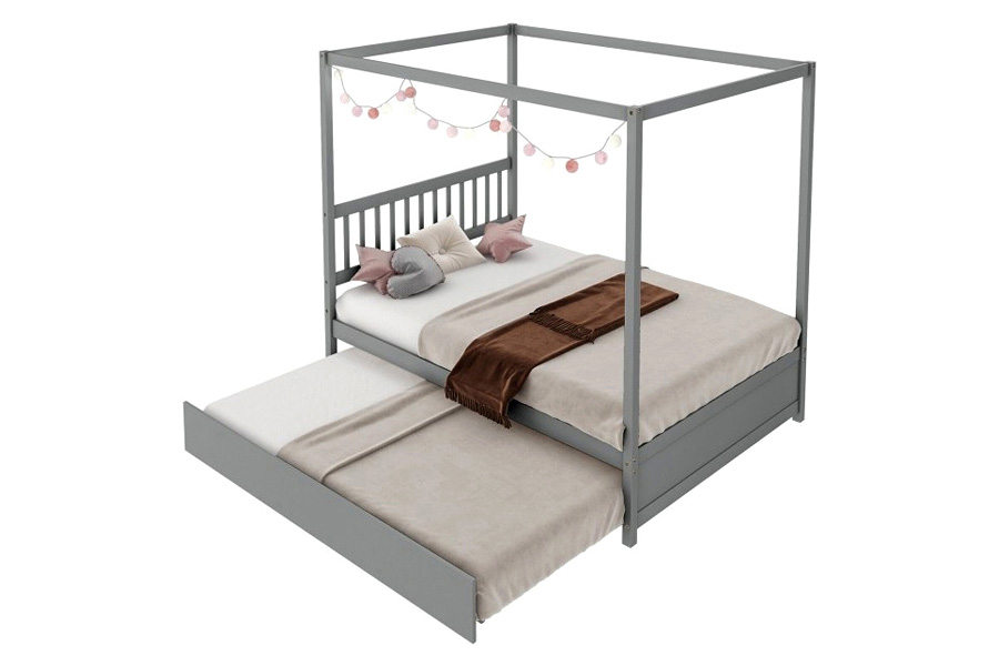 FaFurn - Gray Full Size Canopy Platform Bed with Twin Roller Trundle Bed