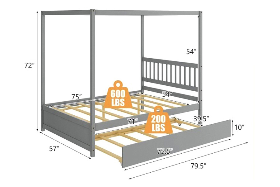 FaFurn - Gray Full Size Canopy Platform Bed with Twin Roller Trundle Bed