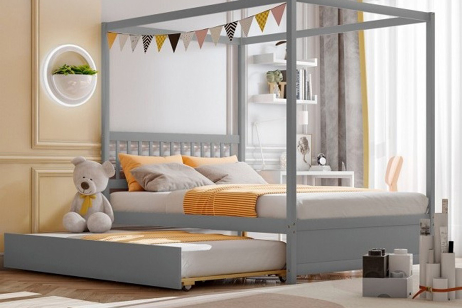 FaFurn - Gray Full Size Canopy Platform Bed with Twin Roller Trundle Bed