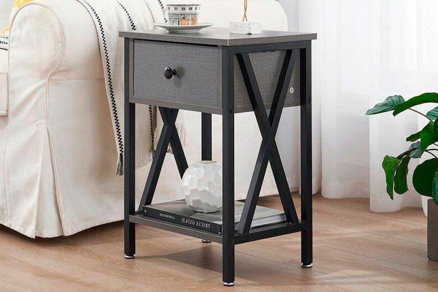 FaFurn™ Set of 2 End Table with 1 Drawer - Gray/Black, Metal/MDF