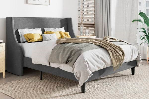 FaFurn King Size Platform Bed with Headboard Wingback - Gray, Fabric