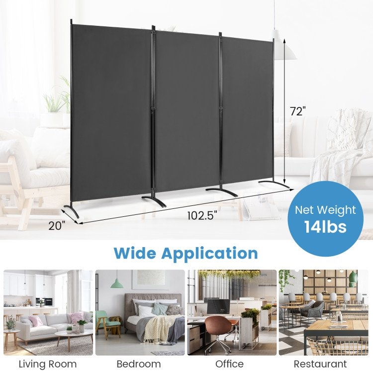 FaFurn 3-Panel Room Divider Screen with Steel Base and Heavy Duty Hinges - Gray