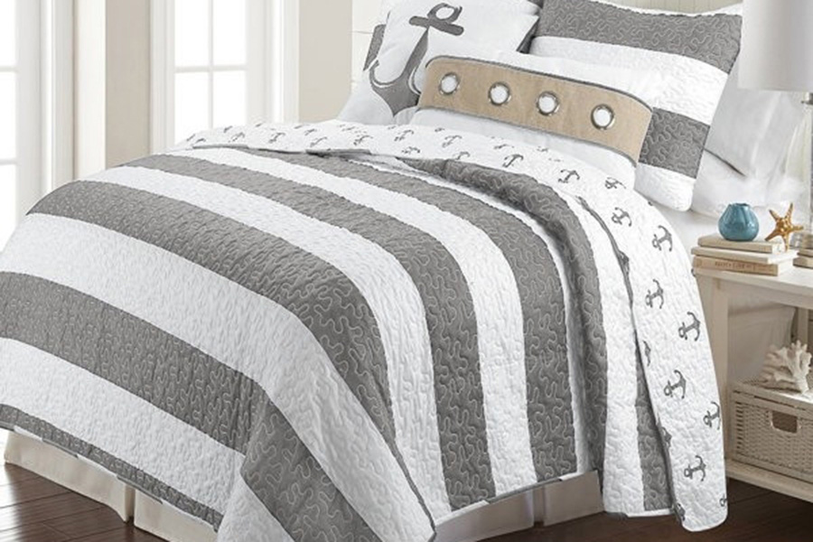 FaFurn - 3 Piece Nautical Stripped/Anchors Reversible Microfiber Quilt Set