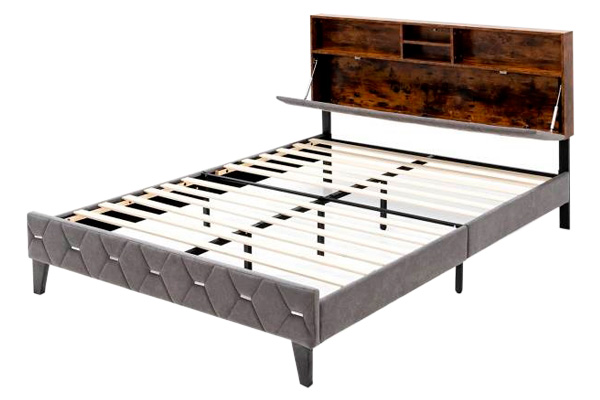 FaFurn Full Size Platform Bed with Storage Headboard - Gray, Velvet