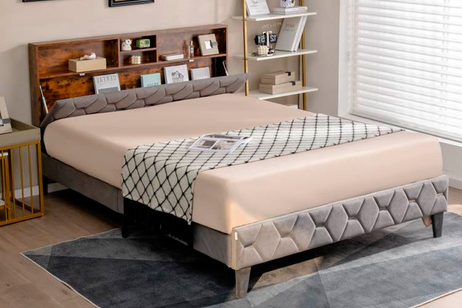 FaFurn Full Size Platform Bed with Storage Headboard - Gray, Velvet