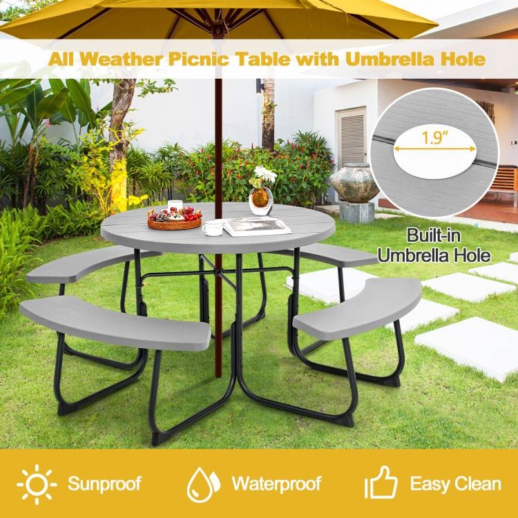 FaFurn 8 Seater Picnic Table with Umbrella Hole - Gray, Metal/HDPE