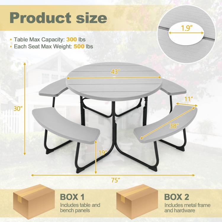 FaFurn 8 Seater Picnic Table with Umbrella Hole - Gray, Metal/HDPE