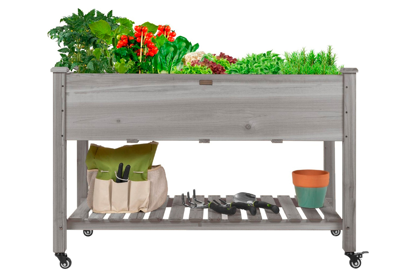 FaFurn - Outdoor Raised Garden Bed Planter Box with Shelf and Locking Wheels in Gray, Wood