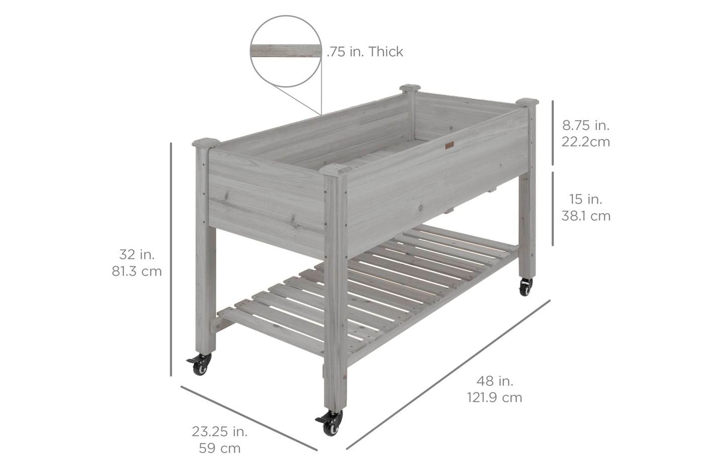 FaFurn - Outdoor Raised Garden Bed Planter Box with Shelf and Locking Wheels in Gray, Wood