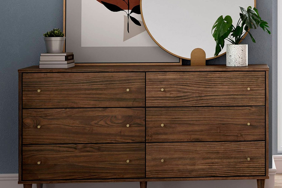 FaFurn™ Farmhouse Rustic Mid Century 6 Drawer Dresser - Rustic Walnut