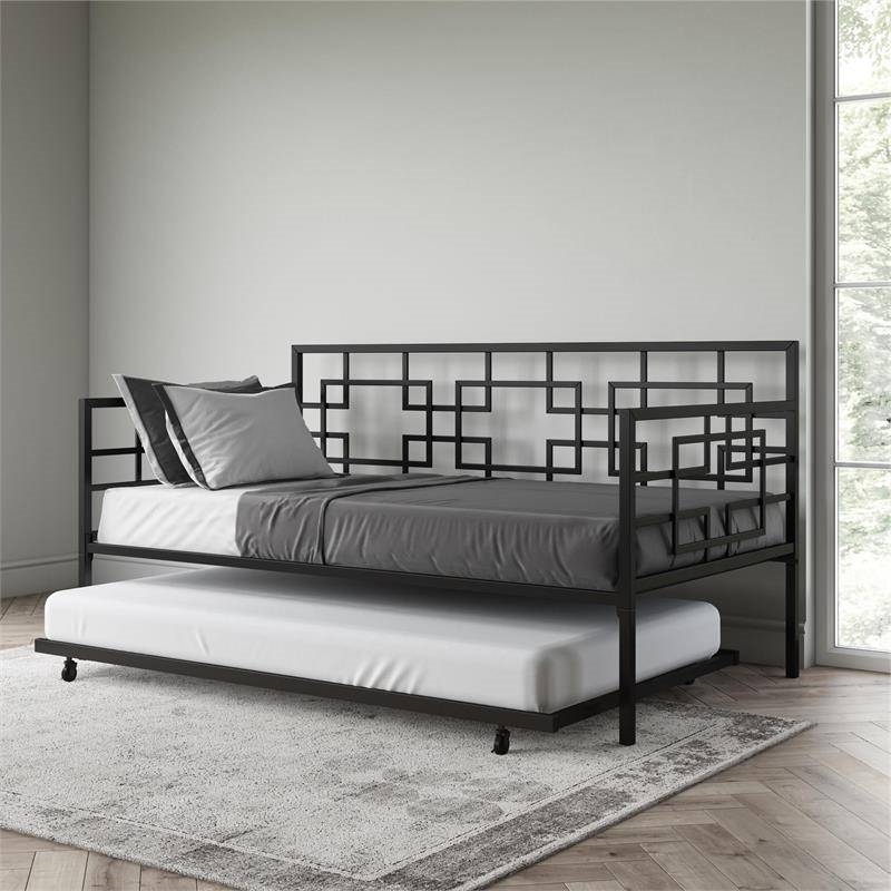 FaFurn Daybed Frame with Twin Pull-Out Trundle Bed - Black