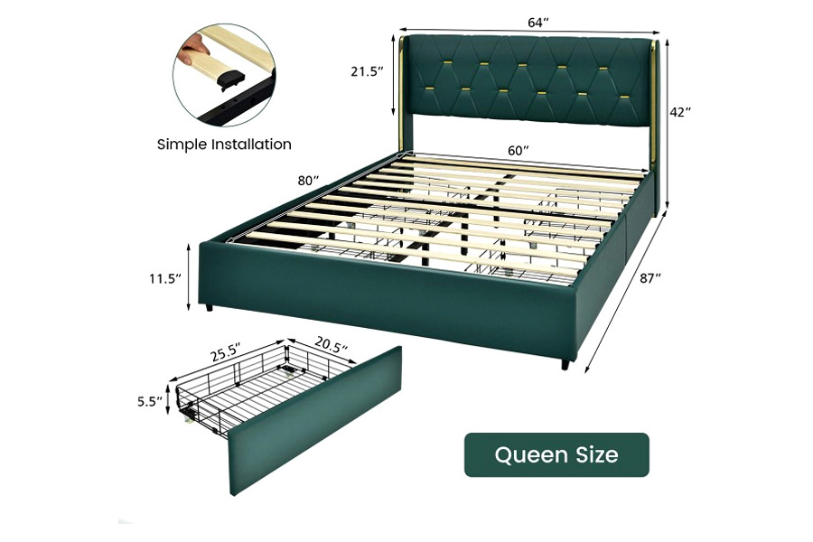 FaFurn Linen Headboard 4 Drawer Storage Platform Bed - Green/Gold, Queen Size