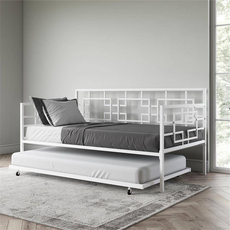 FaFurn Daybed Frame with Twin Pull-Out Trundle Bed - White