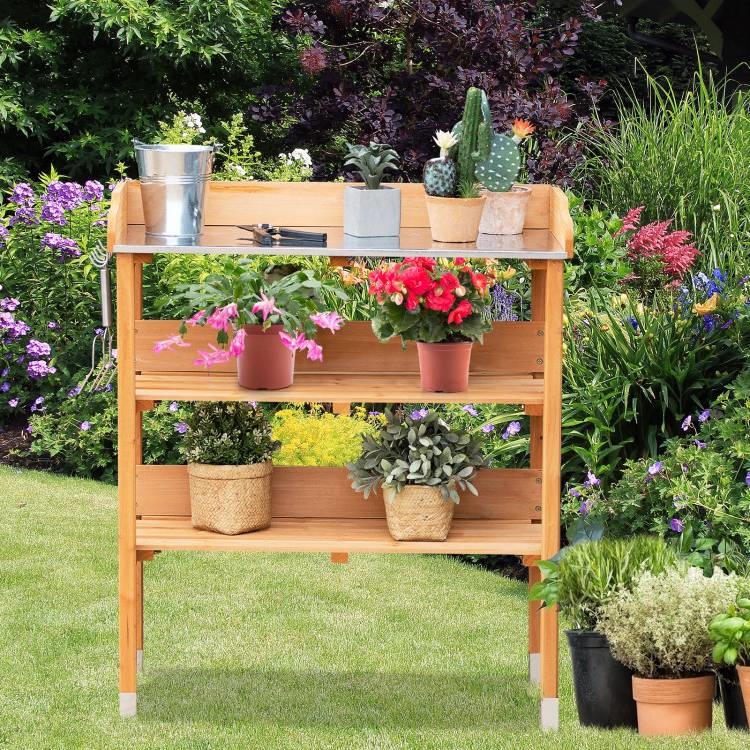 FaFurn - Outdoor Garden Potting Bench Table with Bottom Storage Shelves and Metal Top in Walnut, Wood