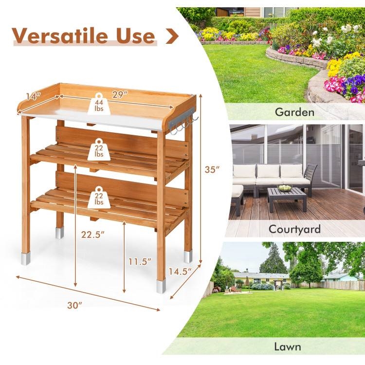 FaFurn - Outdoor Garden Potting Bench Table with Bottom Storage Shelves and Metal Top in Walnut, Wood