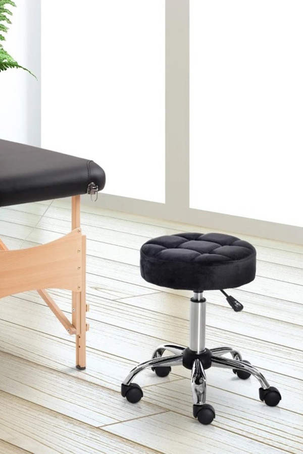 FaFurn - Black Button Tufted Adjustable Rolling Massage Swivel Salon Stool