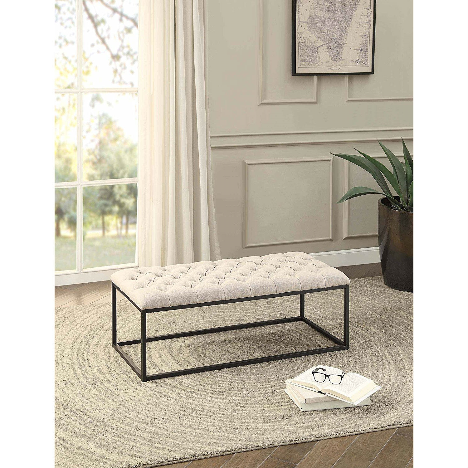 FaFurn Button-Tufted Bench with Metal Frame - Beige, Fabric