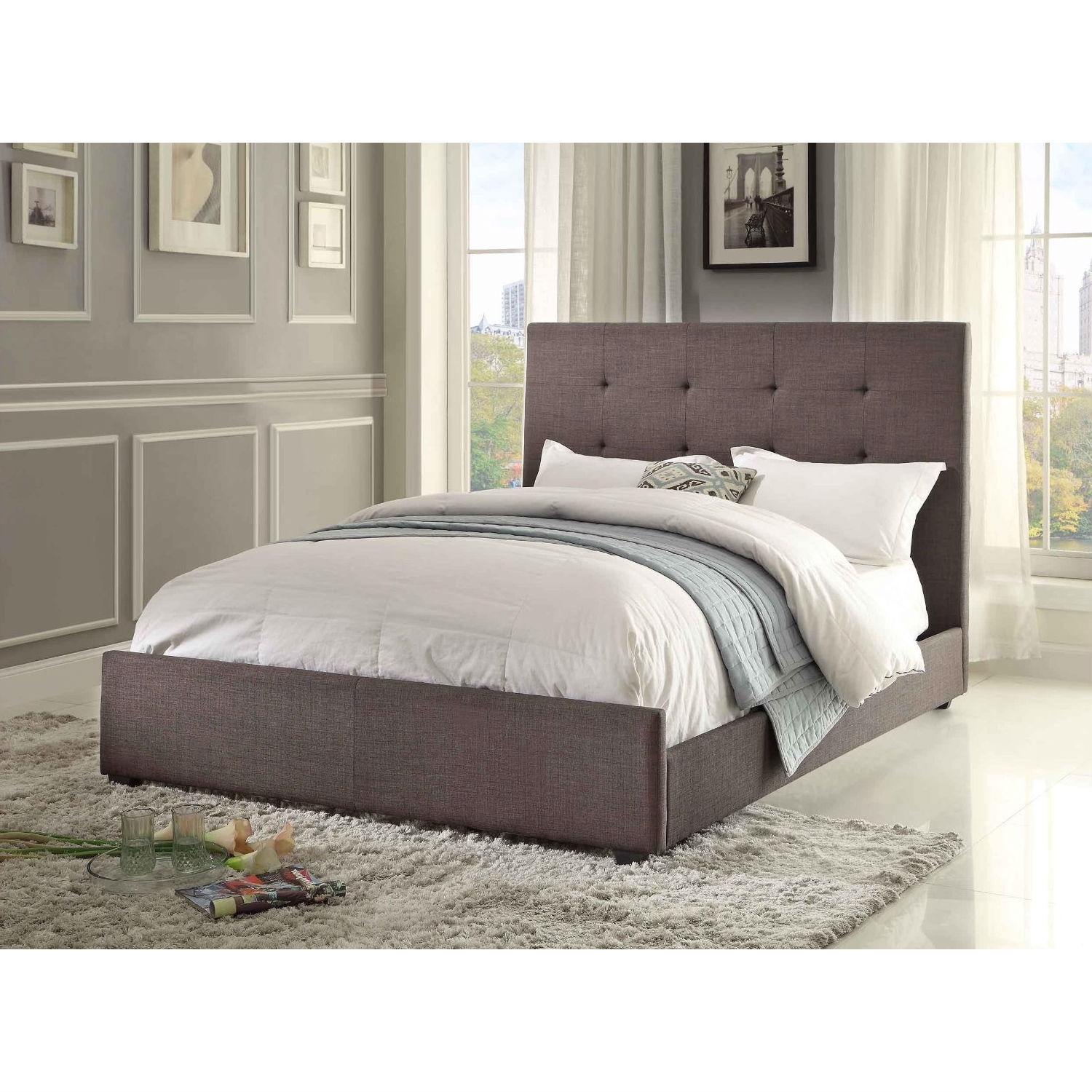 FaFurn - Queen Size Bed Frame with Tufted Headboard in Gray