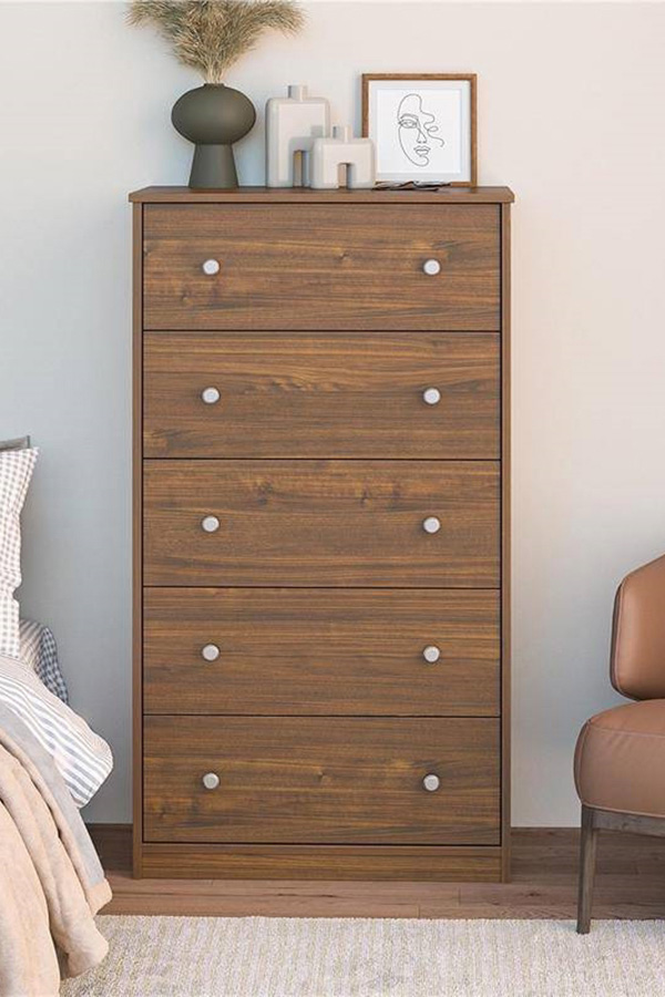 FaFurn Modern 5-Drawer Bedroom Chest Dresser in Wood Finish - Rustic Walnut