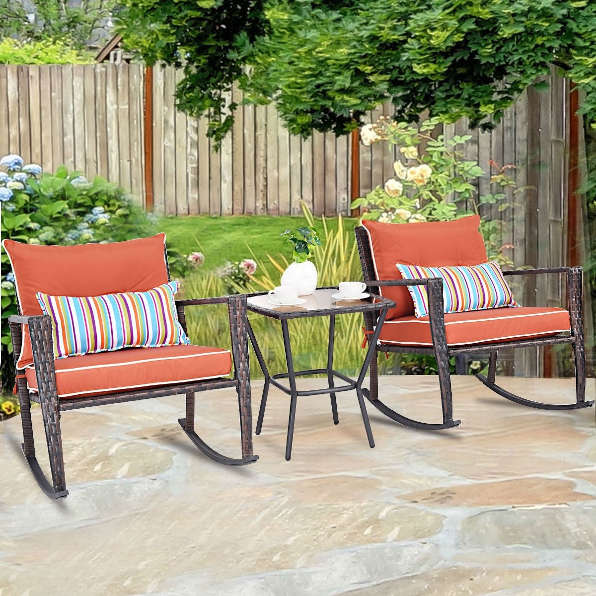 FaFurn - 3-Piece Patio Furniture Set with Coffee Table in Red, Rattan