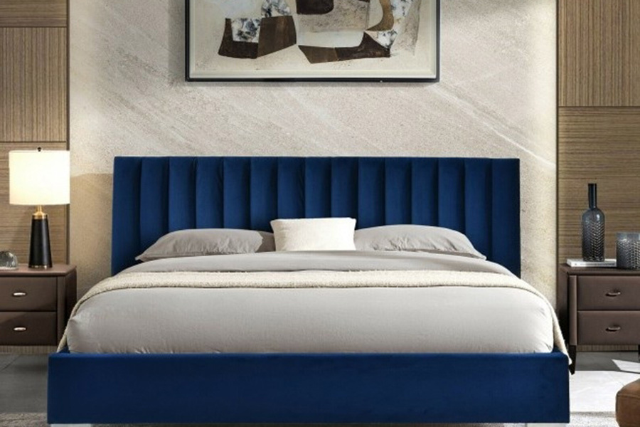 FaFurn - Navy Blue Flannel Tufted Upholstered Platform Bed in Queen Size