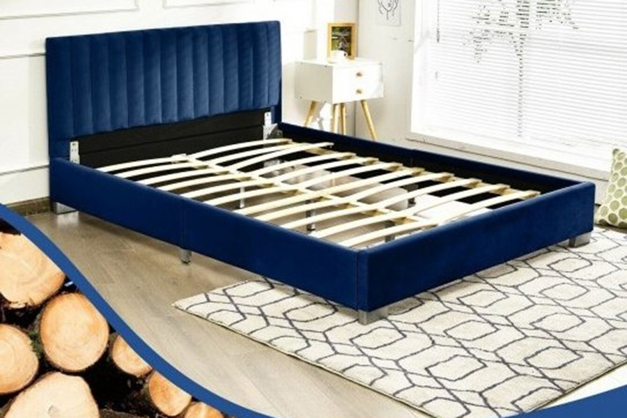 FaFurn - Navy Blue Flannel Tufted Upholstered Platform Bed in Queen Size