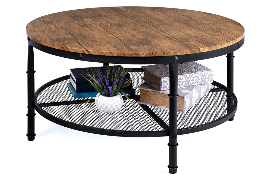 FaFurn™ - Farmhome Industrial Wood Steel Coffee Table 2-Tier Round with Storage Shelves