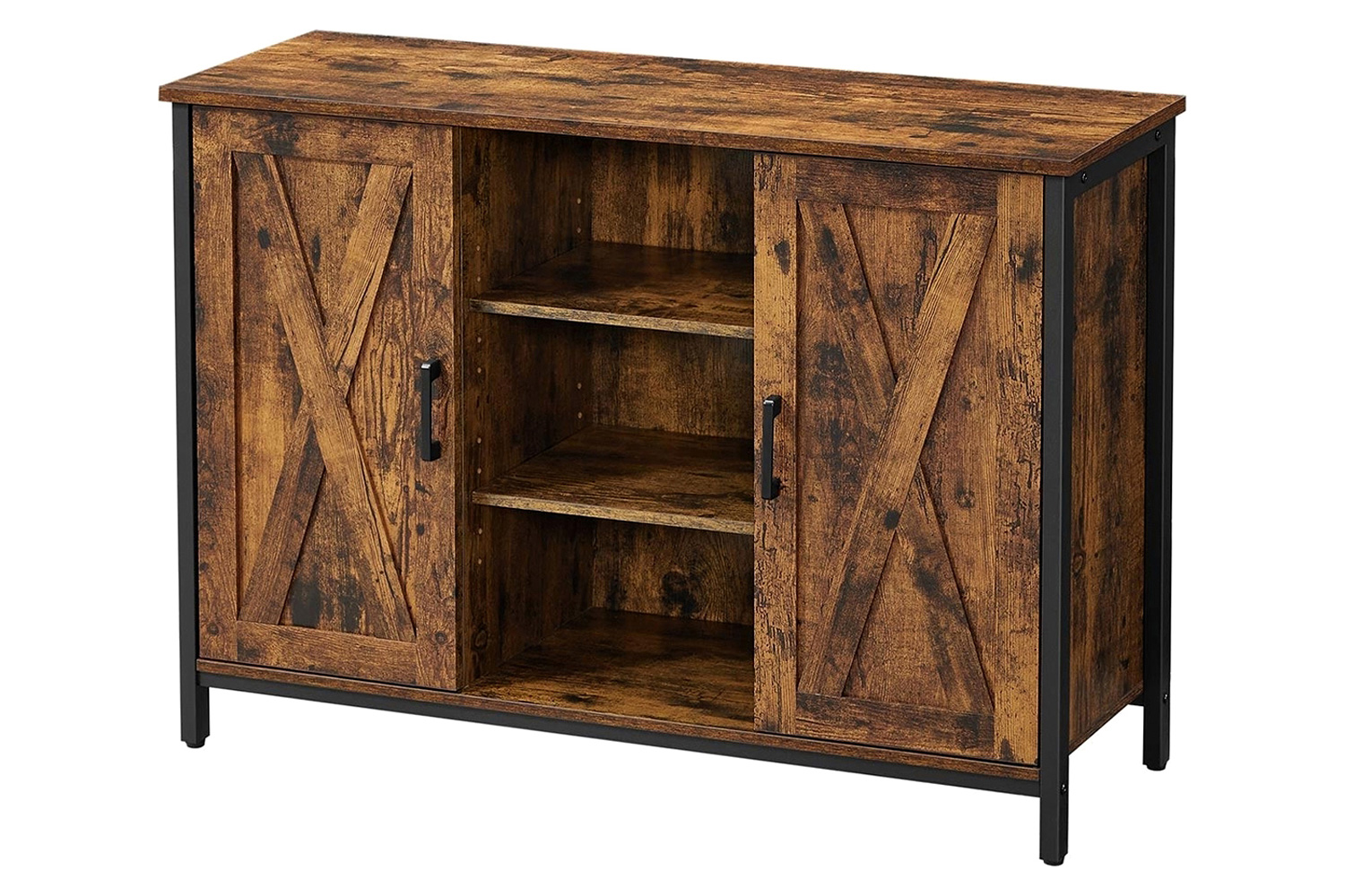 FaFurn - Rustic Farmhome 2 Barn Door Sideboard with Cupboard and Shelves