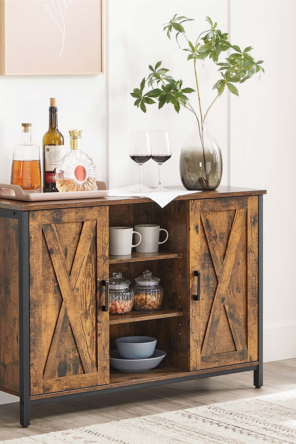 FaFurn - Rustic Farmhome 2 Barn Door Sideboard with Cupboard and Shelves