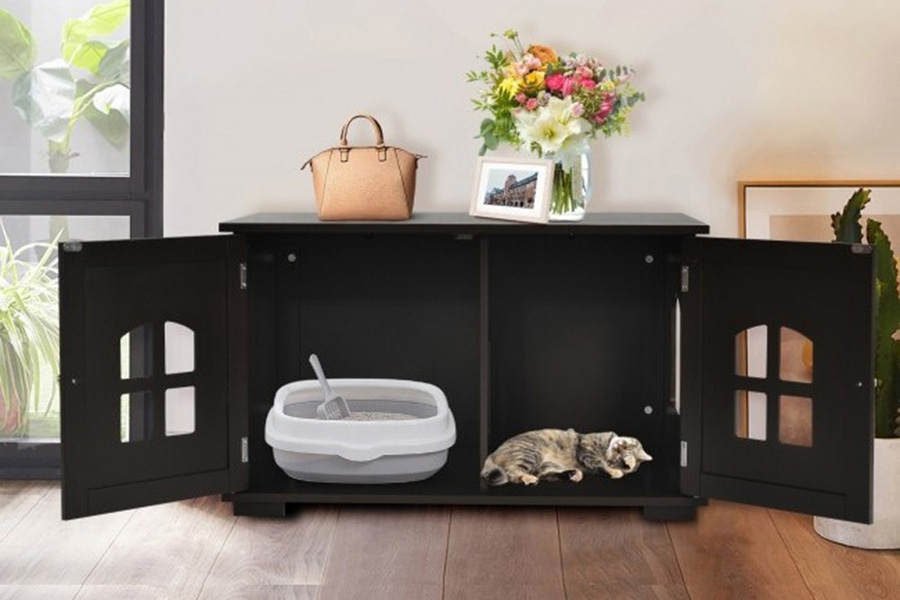 FaFurn Modern Large Ventilated Private Divider Cat Litter Box - Dark Brown