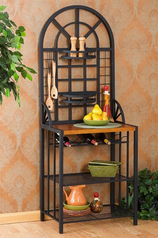 FaFurn - Farmhouse 3 Tier Steel Wood Top Utility Hooks Kitchen Baker'S Wine Rack