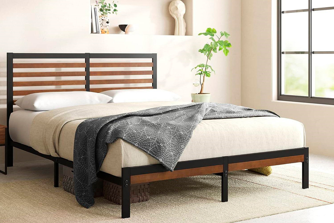 FaFurn Eco Friendly King Size Platform Bed with Bamboo Wood Slat Headboard and Footboard - Bamboo, Metal