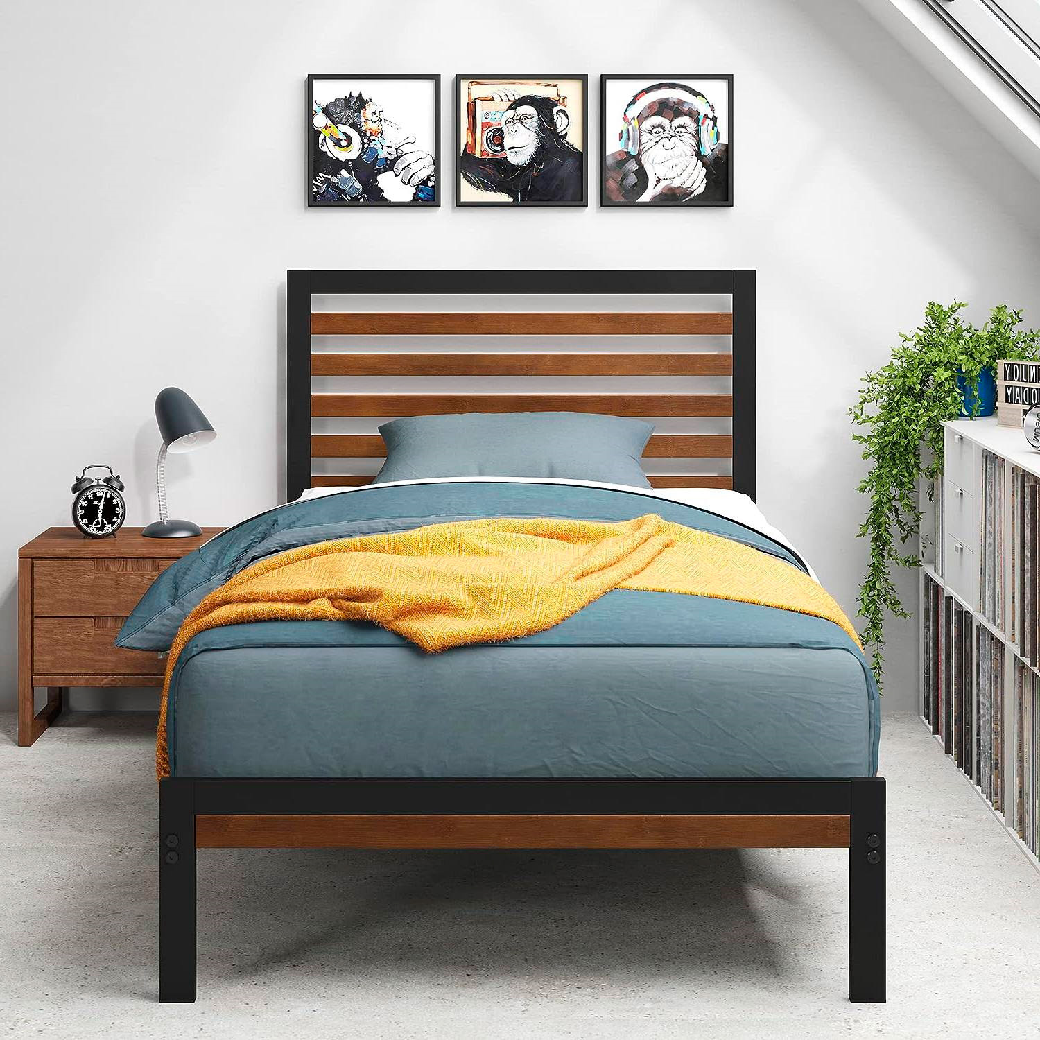 FaFurn Eco Friendly Twin Size Platform Bed with Bamboo Wood Slat Headboard and Footboard - Bamboo, Metal