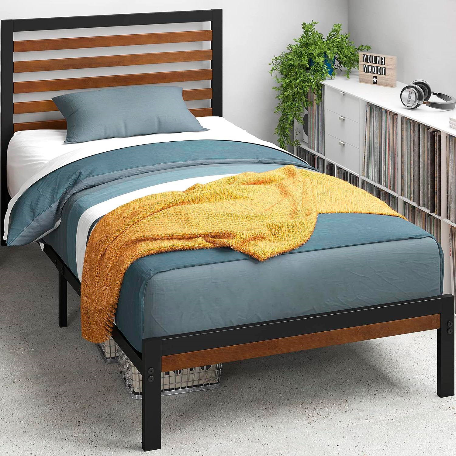 FaFurn Eco Friendly Twin Size Platform Bed with Bamboo Wood Slat Headboard and Footboard - Bamboo, Metal