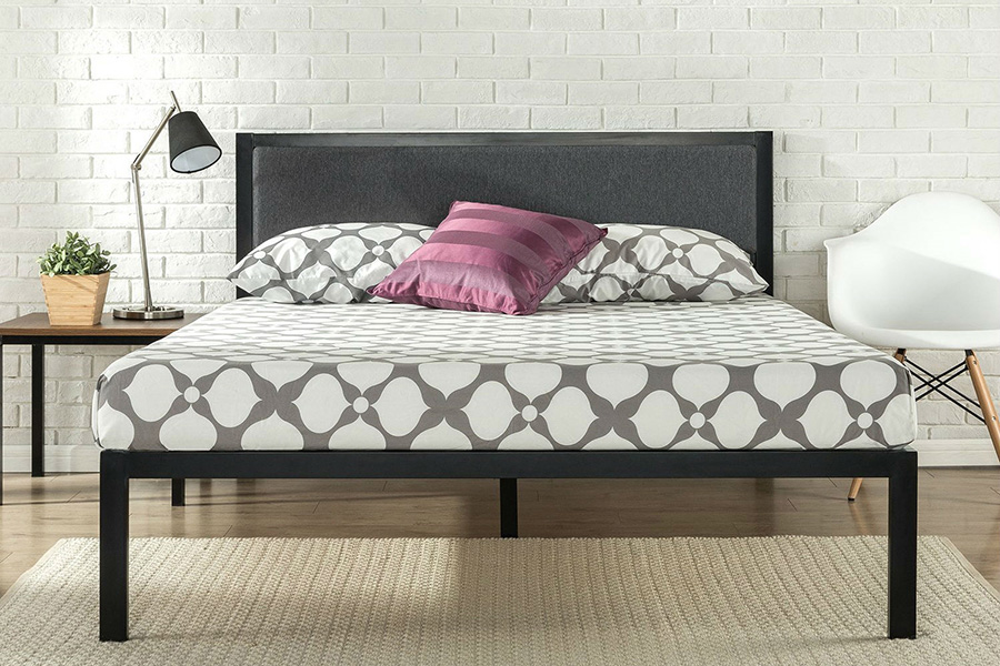 FaFurn - King Size Metal Platform Bed Frame with Wood Slats and Upholstered Headboard