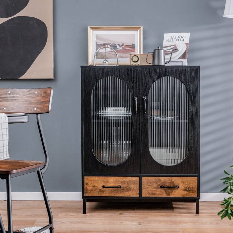 FaFurn - Sideboard Buffet with Glass Doors in Black/Brown, Wood