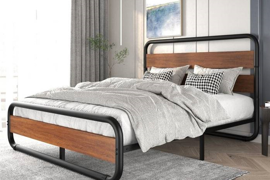 FaFurn - Heavy Duty Round Metal Frame Platform Bed with Wood Panel Headboard