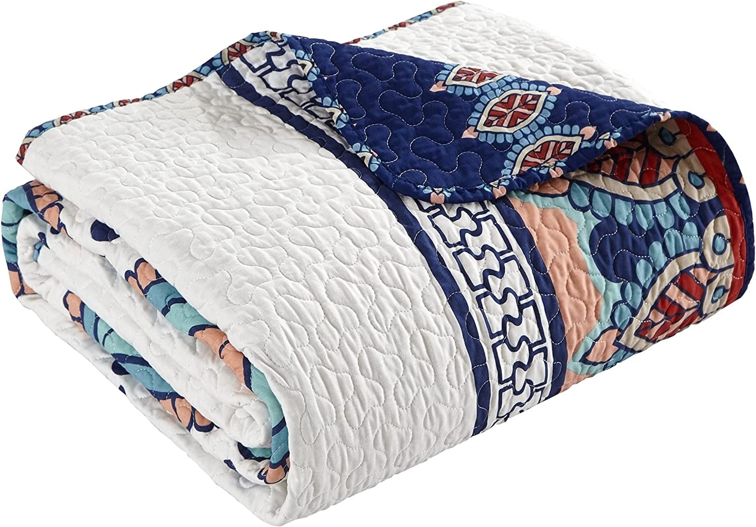 FaFurn 4-Piece King Size Geometric Reversible Quilt Set - Blue/White, Cotton