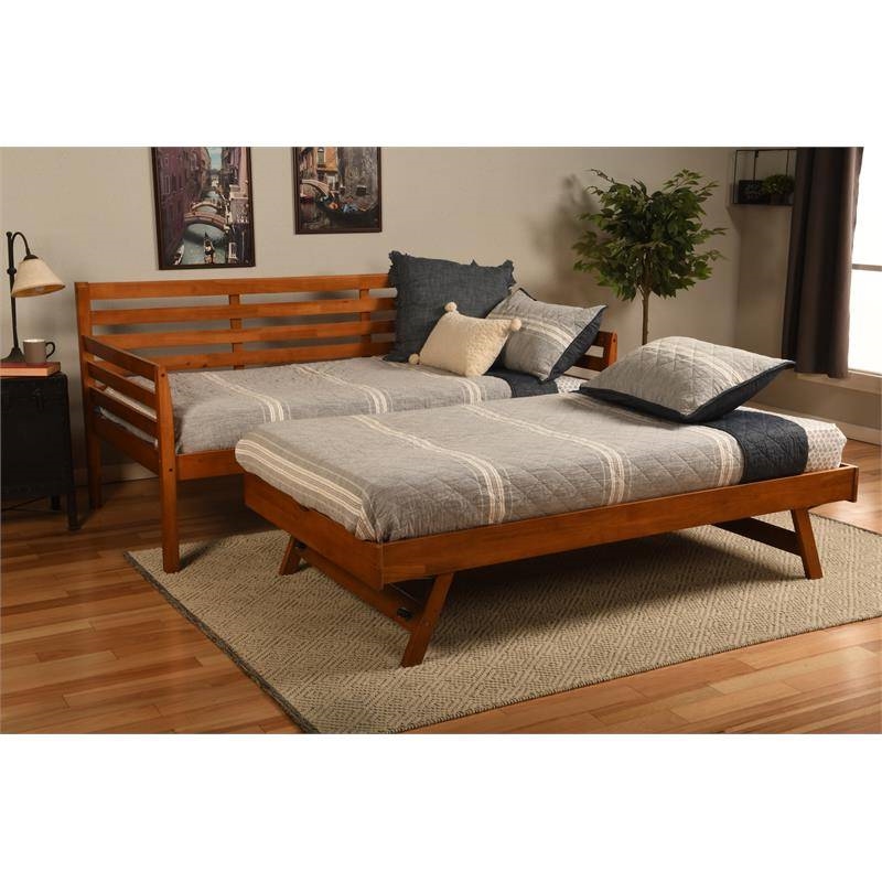 FaFurn Daybed Frame with Pull-out Pop Up Trundle Bed - Brown