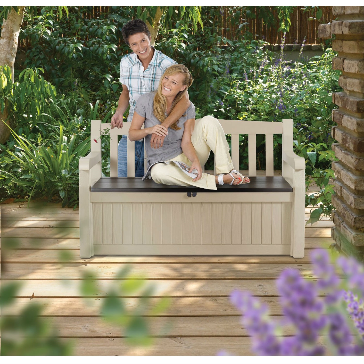 FaFurn - Garden Bench with Arm Rest and Storage Box in Beige, Resin