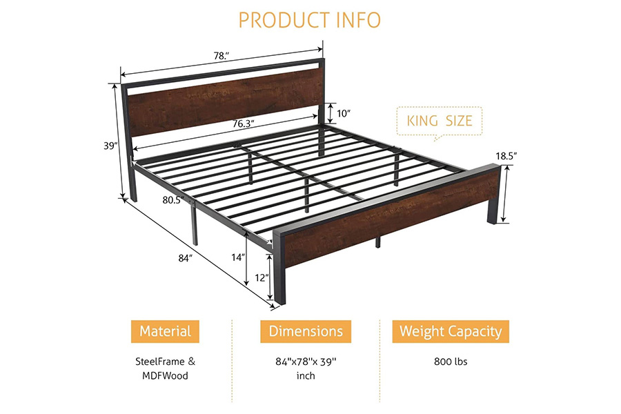 FaFurn Modern Farmhouse Platform Bed Frame with Wood Panel Headboard Footboard - Mahogany/Black, King Size