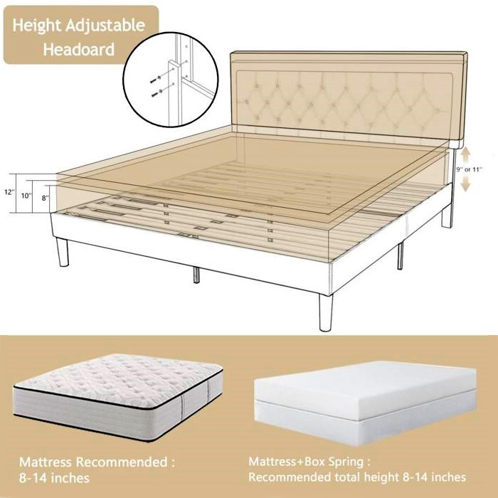 FaFurn King Size Adjustable Platform Bed with Headboard - Beige, Fabric