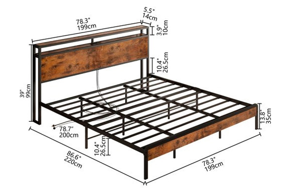 FaFurn Industrial King Size Platform Bed with Storage Headboard - Black/Walnut, Metal/Wood