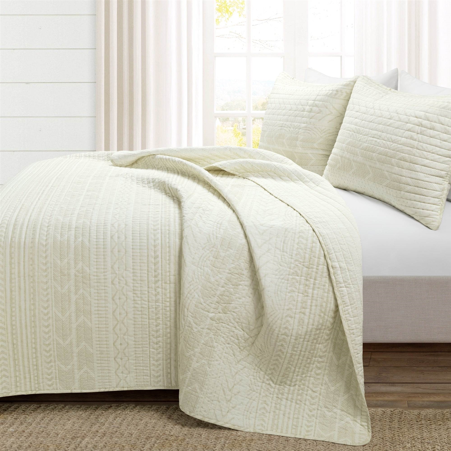 FaFurn King Size Scandinavian Reversible Quilt Set - Ivory/Beige, Cotton